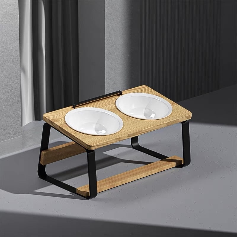 Ceramic Double Bowl Pet Feeding Dish Neck Protection Holder