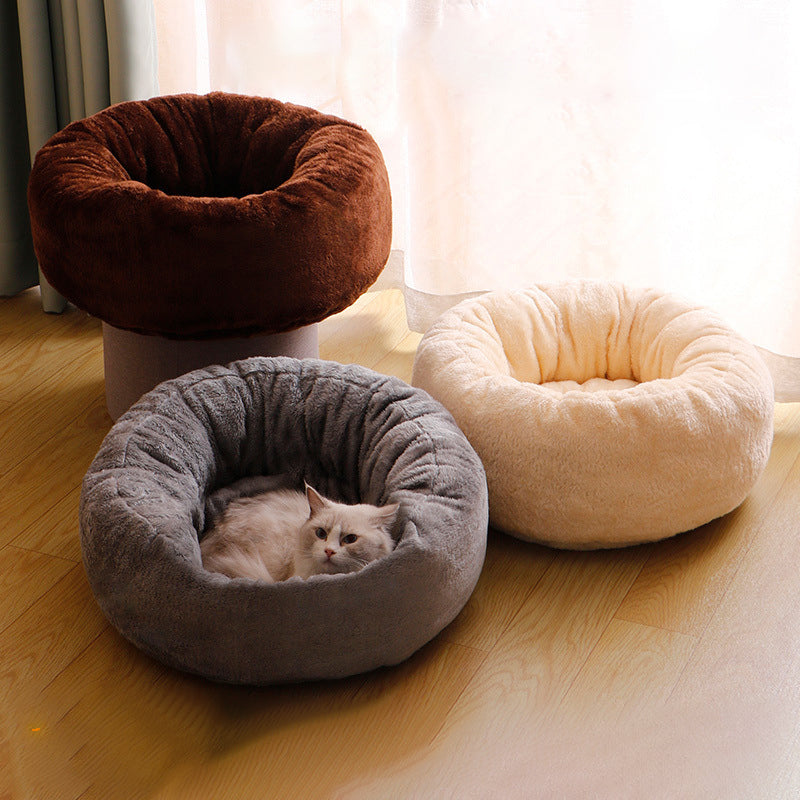 Long Plush Donut Pet Bed Fluffy Round Winter Cushion