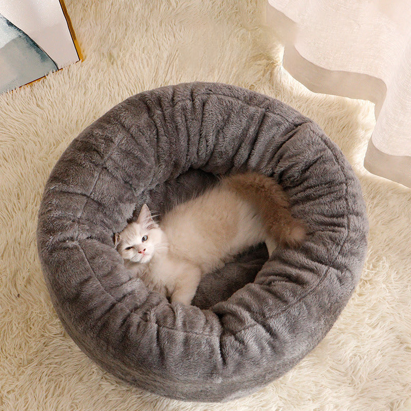 Long Plush Donut Pet Bed Fluffy Round Winter Cushion