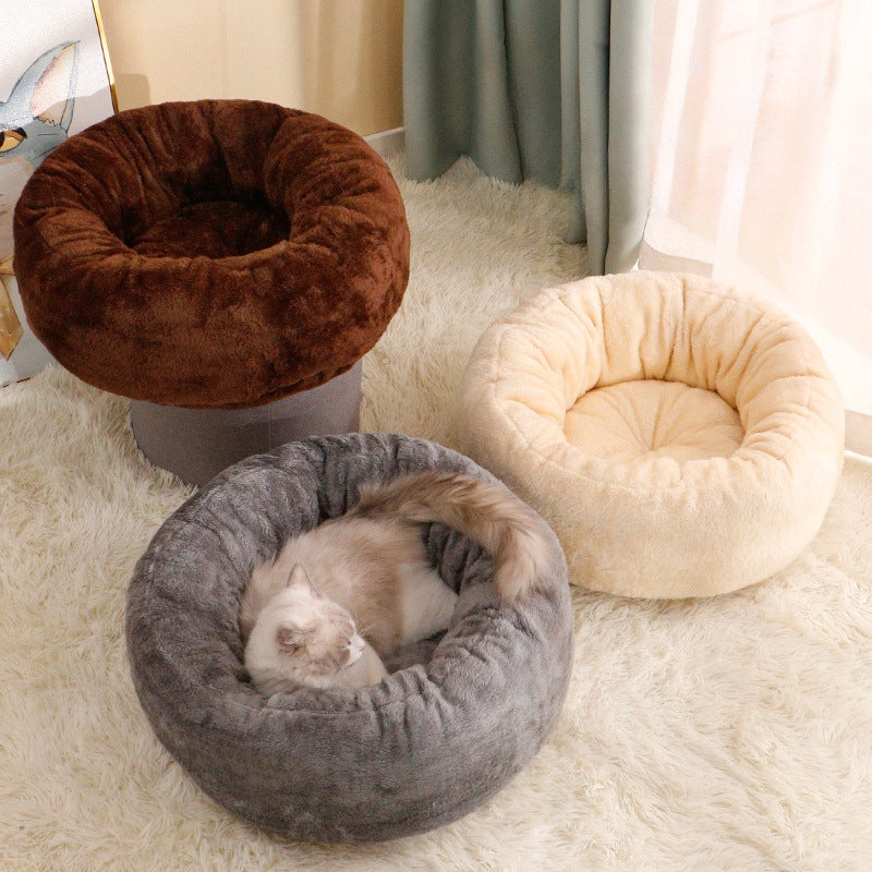 Long Plush Donut Pet Bed Fluffy Round Winter Cushion