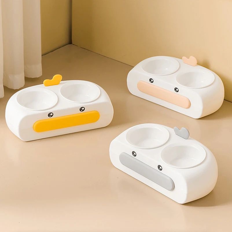 Duck-Shaped Double Pet Feeding Bowl Plastic Food Water Tray