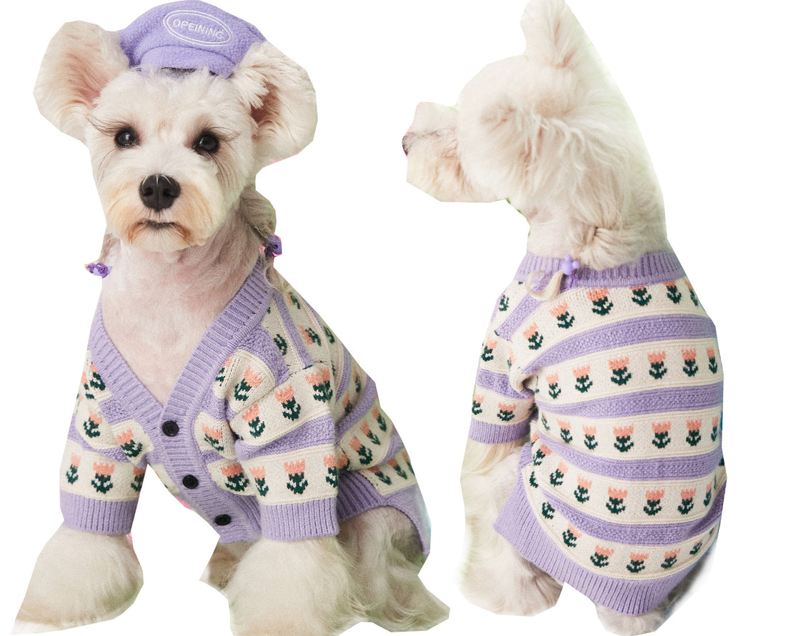 Purple Flower Pet Sweater Cardigan For Style And Warmth