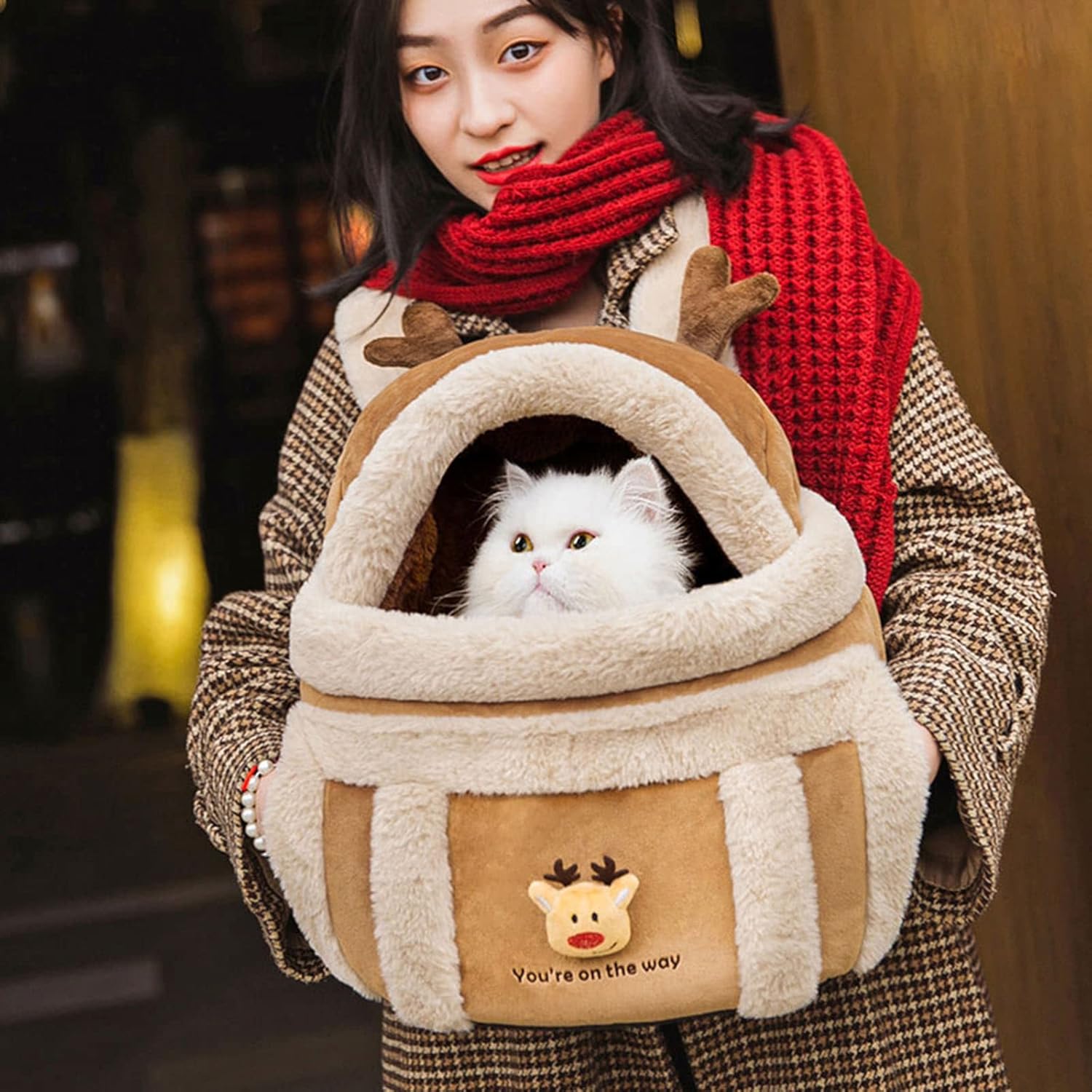 Pet Travel Carrier Backpack Winter Plush Bag With Hand Warmers