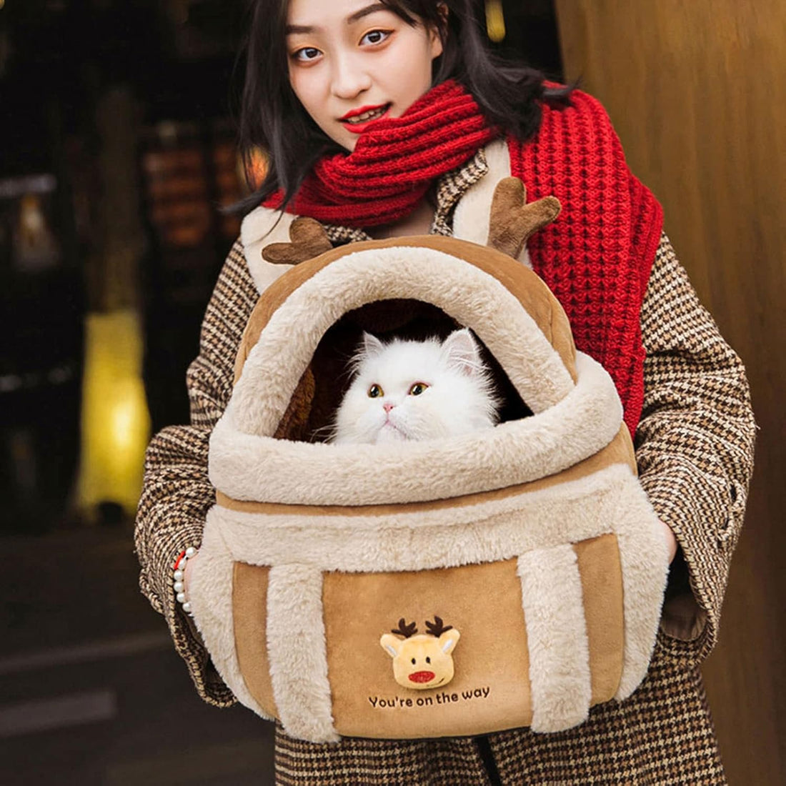 Pet Travel Carrier Backpack Winter Plush Bag With Hand Warmers