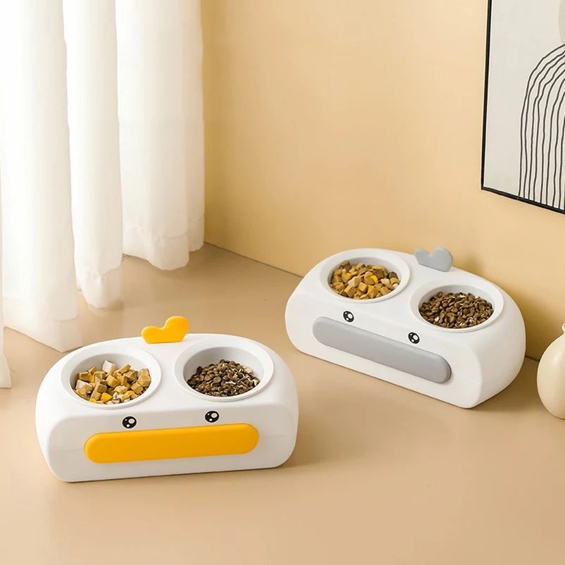 Duck-Shaped Double Pet Feeding Bowl Plastic Food Water Tray