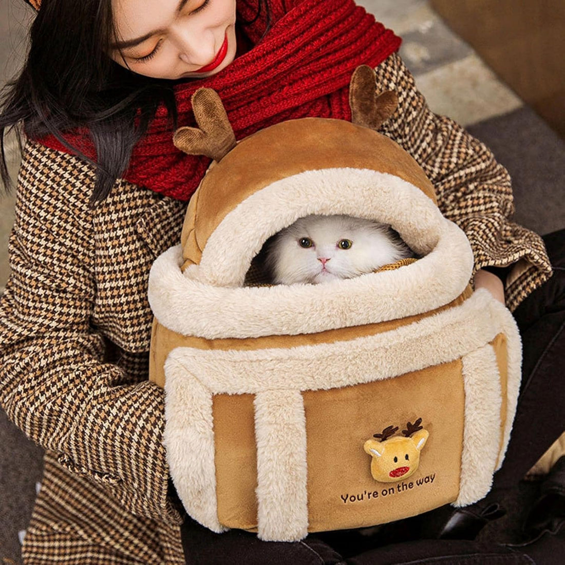 Pet Travel Carrier Backpack Winter Plush Bag With Hand Warmers