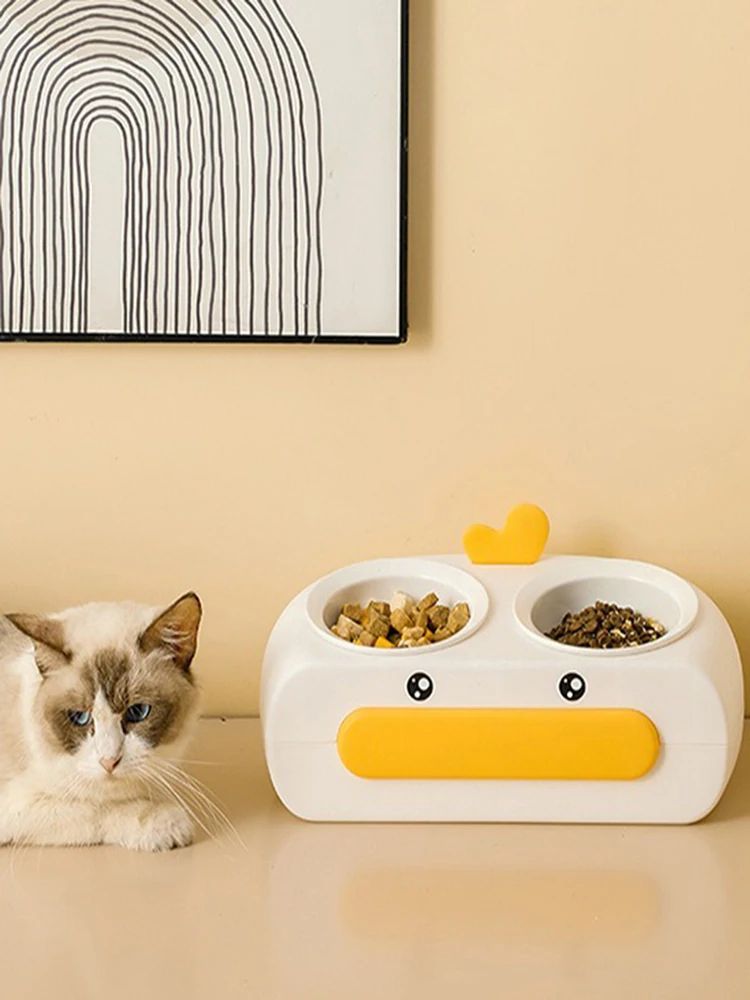 Duck-Shaped Double Pet Feeding Bowl Plastic Food Water Tray