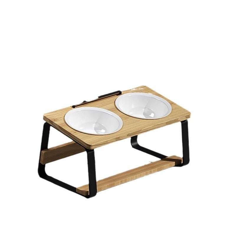 Ceramic Double Bowl Pet Feeding Dish Neck Protection Holder